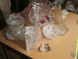 Decanters, cake plate, vase, platter, glass stoppers