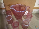 Opalescent pink glass and pitcher set