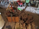 Sea Island Cane Sugar crate, pulleys, corn sheller, wire stretchers, bottle capper
