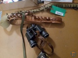 Ammunition belts, Clover 7x35 binoculars, old tin duck decoys