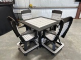 42 In Fire Pit Square Table w/ (4) Plain Black Patio Chairs