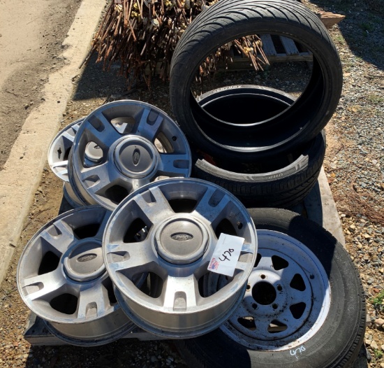 4 Ford Wheels, 1 Trailer Tire on Rim, 2 Tires