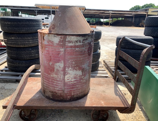 Metal Warehouse Cart & Vintage 60 Gallon Oil Drum