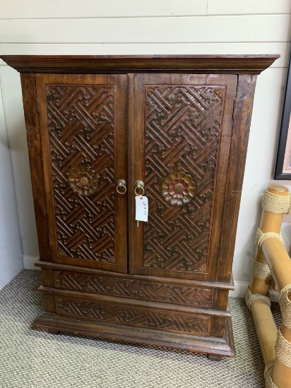 WOOD CABINET WITH CARVED PANEL DOORS