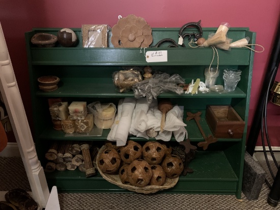 GREEN DISPLAY SHELF & CONTENTS