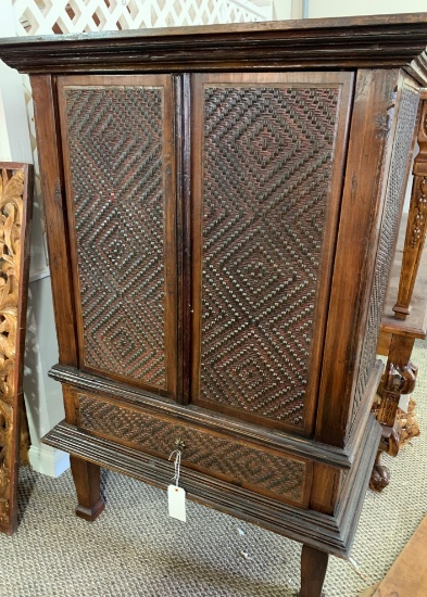 WOOD CABINET WITH CARVED PANEL DOORS