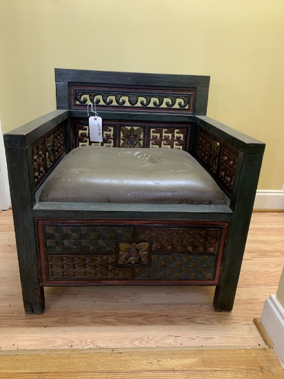 WOOD CARVED PAINTED CHAIR WITH PADDED BOTTOM