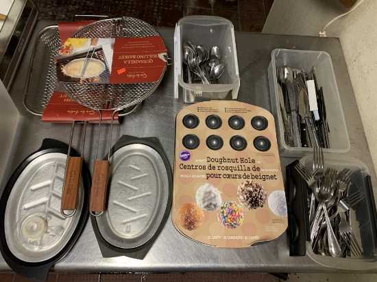 LOT OF STEAK PLATES, GRILLING BASKETS, UTENSELS