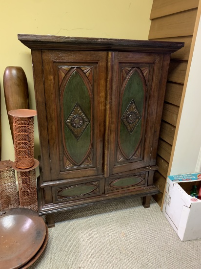 WOOD CABINET WITH CARVED PANEL DOORS