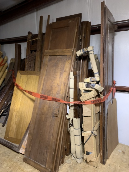 LOT OF CABINET DOORS, TRIM, TABLE BASES, ETC