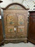 WOOD CABINET WITH CARVED PANEL DOORS