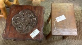 CARVED WOOD TABLE & WOOD STOOL