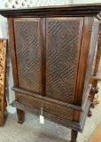 WOOD CABINET WITH CARVED PANEL DOORS