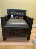 WOOD CARVED PAINTED CHAIR WITH PADDED BOTTOM