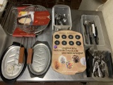 LOT OF STEAK PLATES, GRILLING BASKETS, UTENSELS
