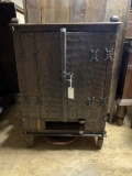 WOOD CABINET WITH CARVED PANEL DOORS