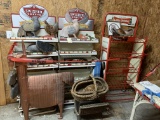 MIXED LOT OF DISPLAY SHELVES, WOOD CHICKENS, ETC