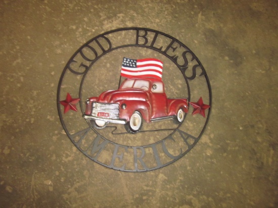 28" Round Metal Sign God Bless America