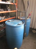 (2) Blue Barrels with barrel cart