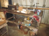 Wood Shop Table with contents/items hanging above