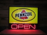 Pennzoil Sign with Neon OPEN letters 62