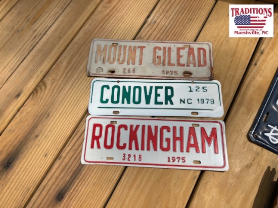 3 Town Tags - Mt Gilead, Rockingham, Conover