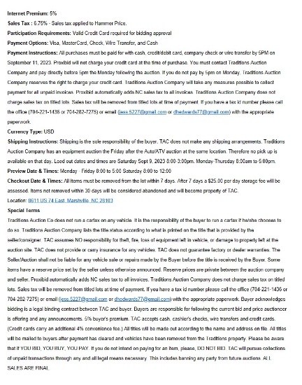 Traditions Auction Co LLC Terms