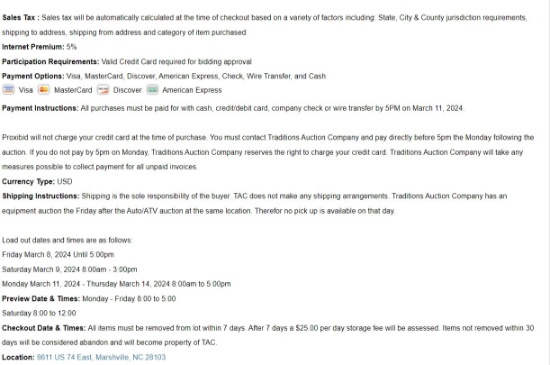 Traditions Auction Co LLC Terms