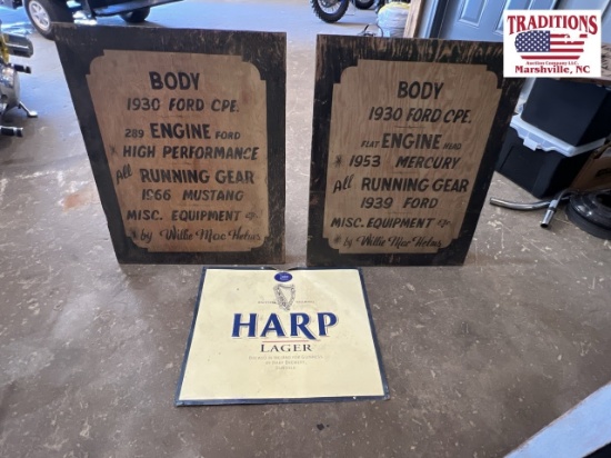 2 Wood Standing Signs & 1 Metal Harp Sign
