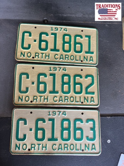 3 1974 NC Tags Consecutive Numbers