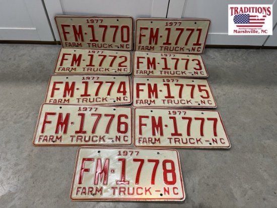 9 1977 NC Vehicle Tags