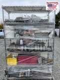 6 Shelf Wire Shelf with Assorted Motorcycle Parts