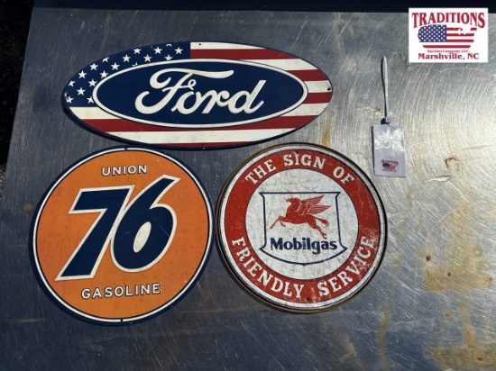 3 Advertising Signs Mobilgas, 76, Ford