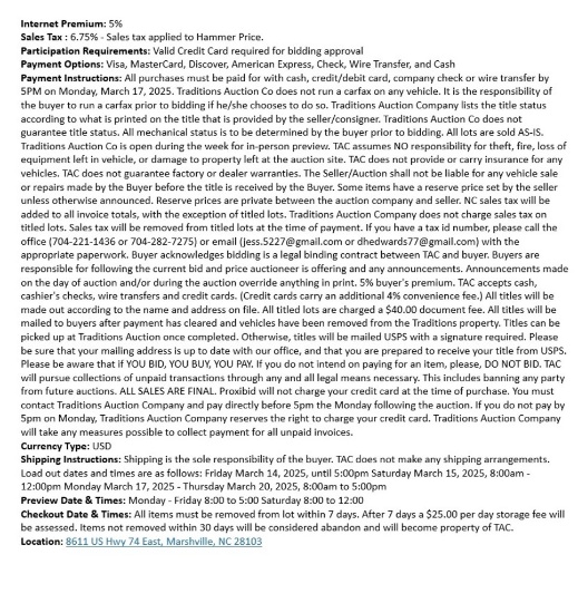Traditions Auction Co LLC TERMS