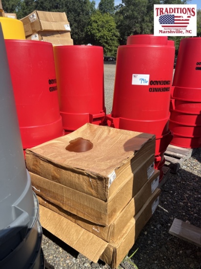 12-32 Gallon Red Trash Cans with Grey Lids