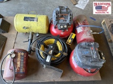 Pallet of 5 Air Tanks, 1 Hose on Reel