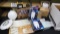 Lot of bulbs, lights, vintage light covers and thermostats