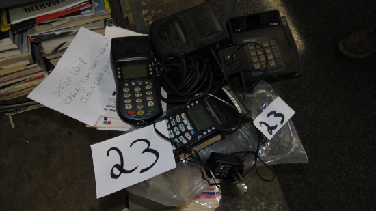 Office equipment: chair, time card machine, credit card processors