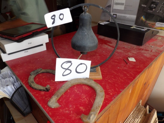 Cast Iron Dinner Bell and 2 Horse Shoes
