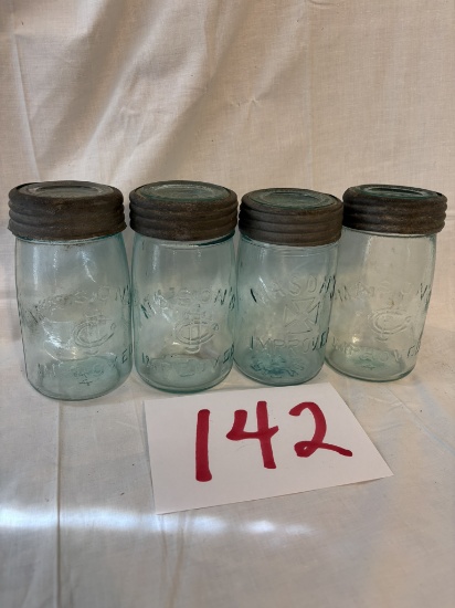 4 Aqua Fruit jars, Mason improved