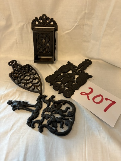 Old Cast Iron Trivets and Wall Mount Match Holder
