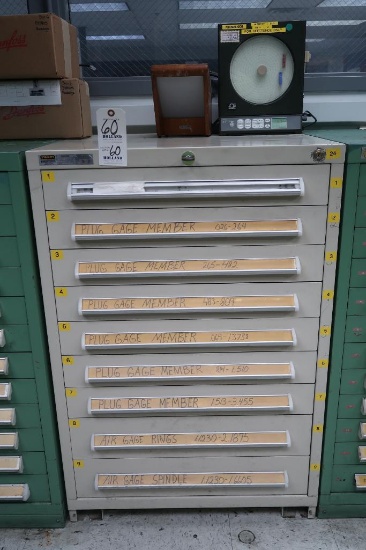 Stanley Vidmar 9-Drawer Parts Cabinet with Contents of Pin Gages, Plug Gages, Ring Gages, & Air