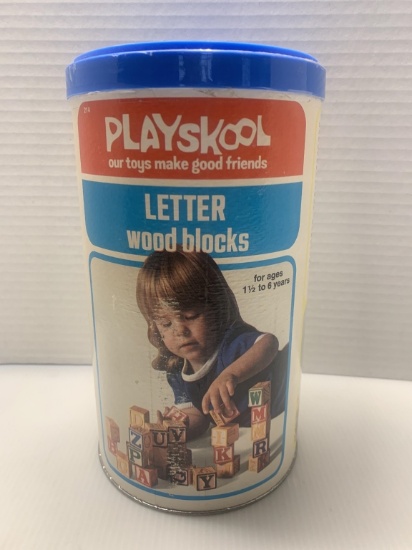 1974 Playskool New Letter Wood Blocks in Can