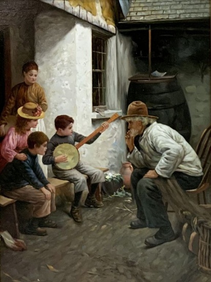 Oil Painting Of Boy Banjo Player And Old Man.