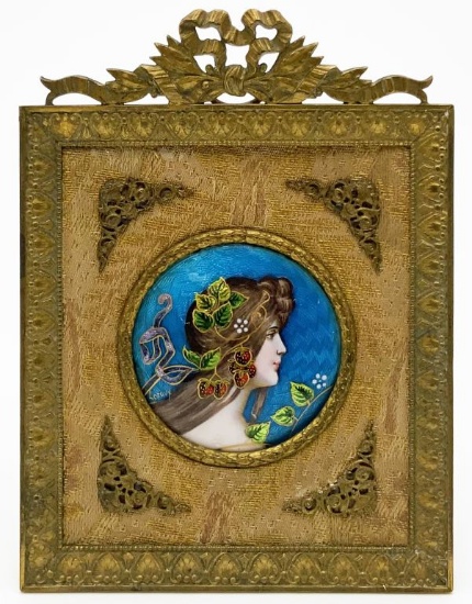 Antique Enamel Plaque Of Woman In French Frame.