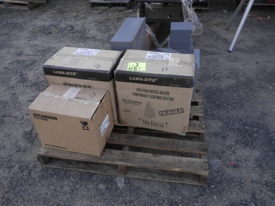 Pallet- Electrical Boxes & 400W Light w/Wire Gaurd & H.I.D. Lamps