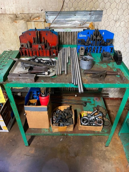 LOT OF WORK HOLDING TOOLS: set up tooling, eye bolts, bottle jack, including table & shelf (Located