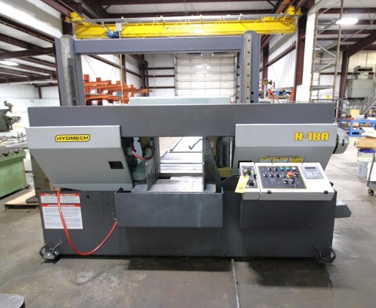 AUTOMATIC HORIZONTAL BANDSAW, HYDMECH MDL. H-18A, 18" x 18" cap., 1.5" blade size, 10 HP, auto.