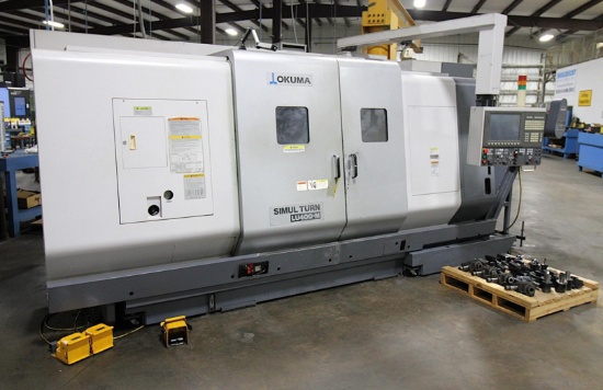 CNC LATHE, OKUMA SIMULTURN MDL. LU400-M, Mfg. 2012, Okuma OSP CNC control, Kitagawa 15" pwr. chuck,