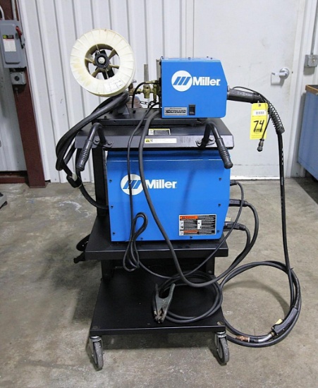 WELDING MACHINE, MILLER XMT 350, CC/CV plate line, w/ Miller 22A wire feeder, on rolling cart, gas